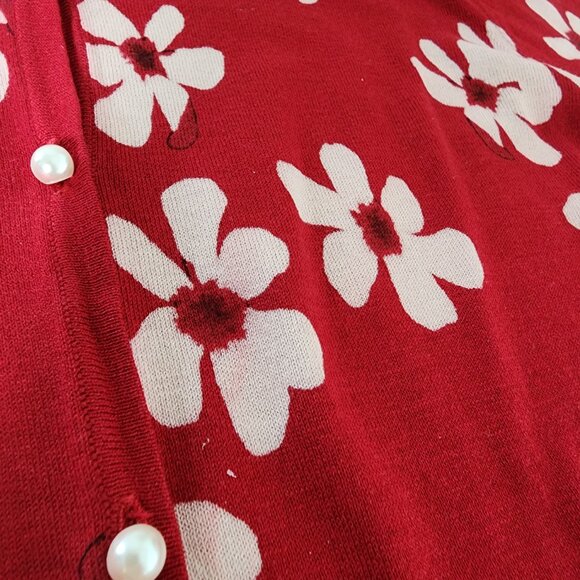 Carolina Herrera Red White Floral Cardigan Feminine Faux Pearl Buttons Silk XS - Picture 7 of 12
